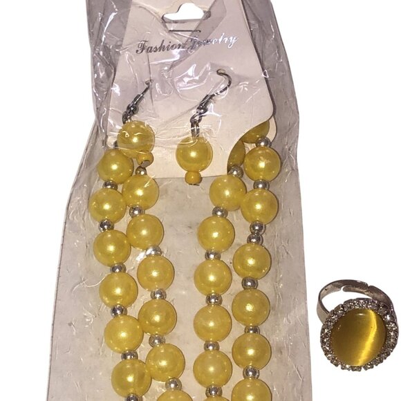 Fashion Jewelry Yellow Bead Necklace Set With Matching Ring & Earrings - Picture 5 of 7